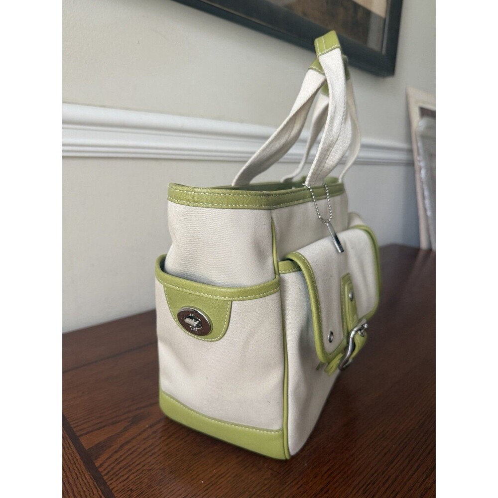 Vintage Coach Hampton Twill Garden Tote Bag B04Q 6734 Tan Green Canvas Leather - Picture 5 of 16